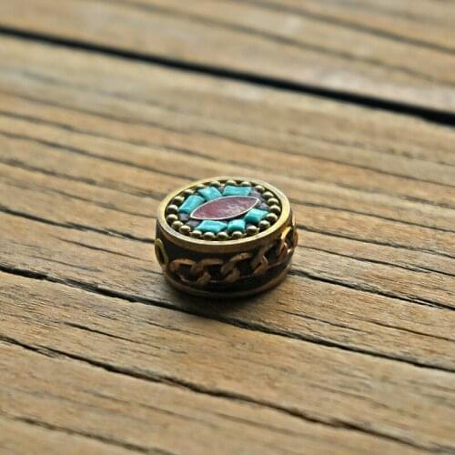 TZ-F07 Retro Handmade Flat Round Nepal Beads Tibetan Letter Beads Antique Golden Red Clay For DIY Tibetan Jewelry Making