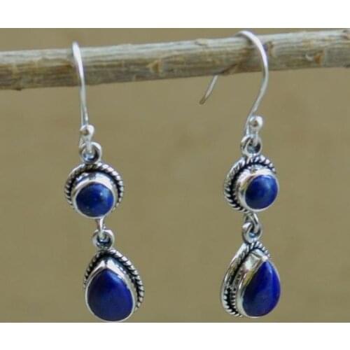 Vintage Bohemian Ethnic Style Water Drop Blue Amethyst Gemstone Drop Earrings Women Dangle Hook Earrings Jewelry