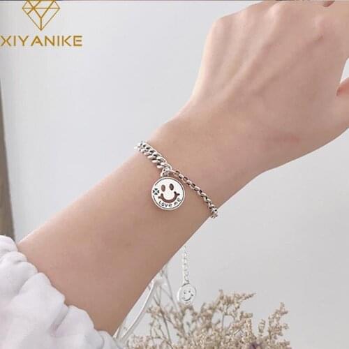 XIYANIKE 925 Sterling Silver Vintage Smiling Face Pendant Handmade Bangles & Bracelet for Women Couple Party Jewelry Adjustable