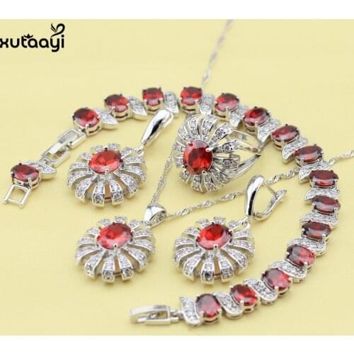 XUTAAYI Fashion Red Created Garnet Pretty Sterling Silver Overlay Jewelry Sets For women Wedding Necklace/Rings/Earring/Bracelet