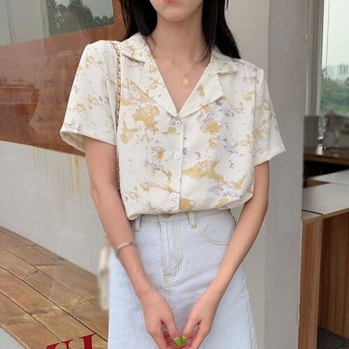 Women Blouses Top Femme Lapel Floral V-neck Chiffon Short Sleeve Shirt Korean Fashion Womens Tops Casual Clothes Top