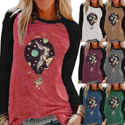 Womens Round Neck Casual Long Sleeve Plus Size Shirt Fashion Hot Air Balloon Print Shirt Loose Pure Color Ladies T-shirt XS-5XL