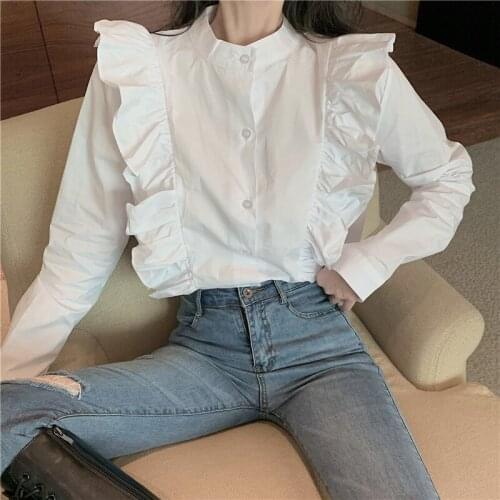 Korean White Blouse Women Temperament Ruffled Stand Collar Female Shirt Single Breasted Long Sleeve Vintage Shirts Blusas Femme