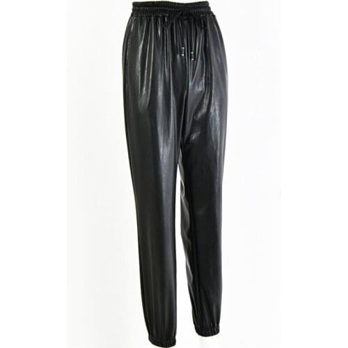 2021 Women Black PU Leather Pants Solid Color High Waist Split Hem Pencil Trousers New Fashion Lady Skinny Elastic Leggings