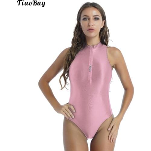 TiaoBug Women Glossy Sleeveless Swimming Bodysuit Swimsuit Solid Color Double Zipper Front Leotard Swimwear