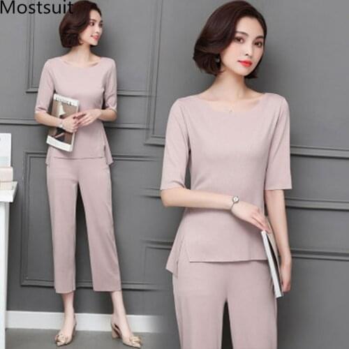 M-5xl Summer Two Piece Sets Women Plus Size Half Sleeve Tops And Pants Suits Pink Black Casual Office Elegant Womens Sets 2019