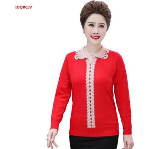 Female Casual Sweater 2019 New Autumn Winter Long Sleeve Lapel Pullovers Middle-aged Womens Knitted Sweater Top Plus Size W1681