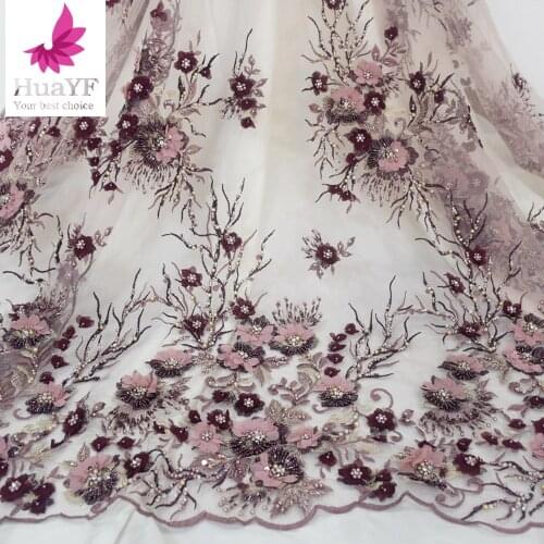 3D Embroidered floral lace with beading wine color for wedding party