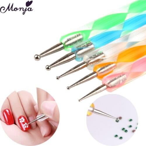 Monja 5Pcs Nail Art Wave Stripe Pattern Acrylic Brush Rhinestone Gem Jewelry Beads Sequins DIY Picking Dotting Pen Manicure Tool