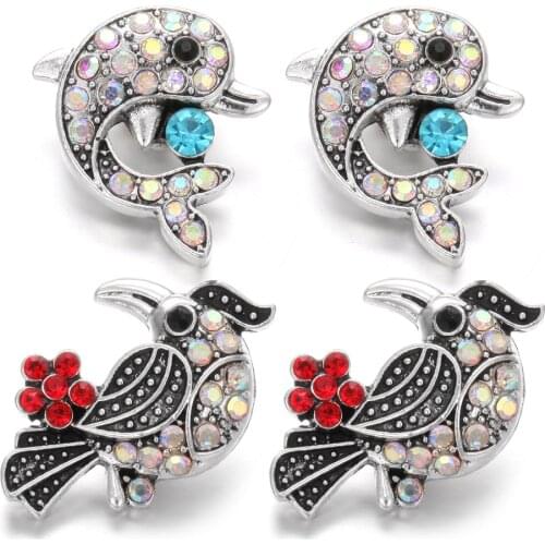 6pcs/lot High Quality Snap Jewelry Crystal Rhinestone Dolphin Owl Vintage Metal 18mm Snap Buttons Fit DIY 18mm Snap Bracelet