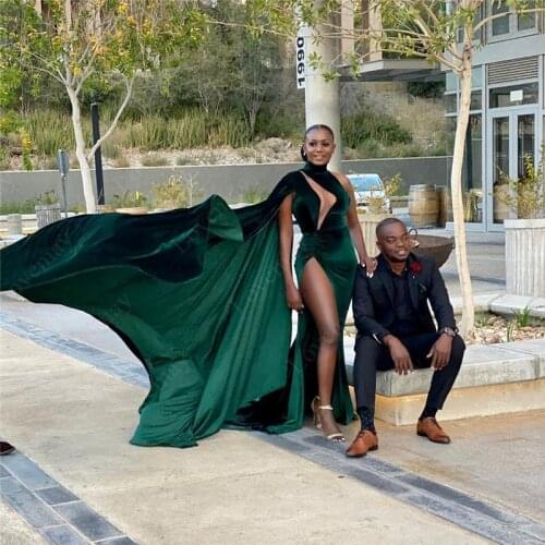 Arabic Aso Ebi 2021 Green Mermaid Evening Dresses High Split Prom Dresses Velvet Formal Party Second Reception Gown Plus Size
