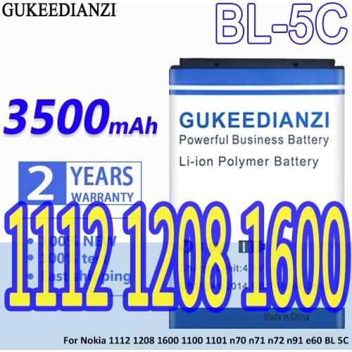 BL-5C 3500mAh 100% New Mobile Phone Battery For Nokia 1112 1208 1600 1100 1101 n70 n71 n72 n91 e60 Replacement Li-ion Bateria
