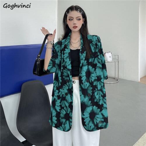 Blazers Women Summer Floral Vintage Casual Elegant Short Sleeve Punk Girls Loose Double Breasted Outwear Fashion All-match Chic
