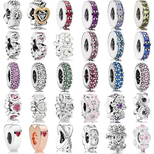 NEW 2018 Fashion 100% 925 Sterling Silver Clear CZ Pan Spacers Charm Clips Heart Bead Collocation Bracelet DIY Factory Wholesale