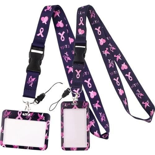 YL830 Pink Ribbon Breast Cancer Woman Lanyard Car Keychain Personalise ID Card Pass Gym Mobile Phone Key Ring Badge Holder