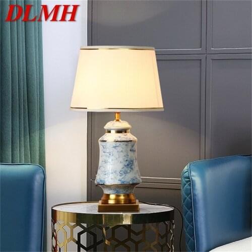 DLMH Ceramic Table Lamps Blue Brass Desk Light Modern Dimmer Luxury Fabric Decorative for Home Living Room Dining Room Bedroom