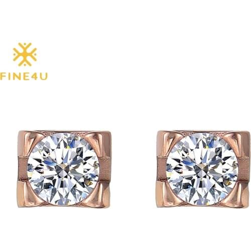 FINE4U E297 Rose Gold Color 4 Prong Setting Cubic Zirconia Stud Earrings for Women Girls