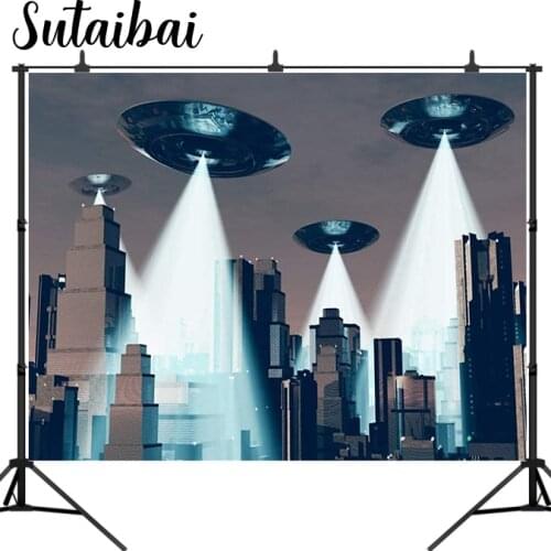 UFO Backdrop Flying Saucer Photography Background Science Fiction Planet Alien Spacecraft Alien City Kid Boy Child Photo Studio