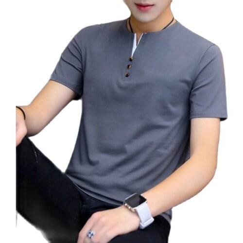 Summer Men Casual T-Shirt Short Sleeve V-Neck Slim Fit Solid Color T-shirts Cotton Business Fashions T Shirt Men SIZE M-4XL