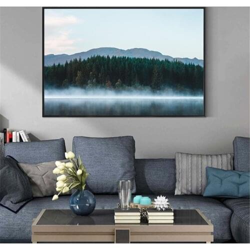 Canvas Art Green Modern Home Decorative Wall Pictures for Bedroom Landscape Painting Nordic Forest Mountain Posters and Prints