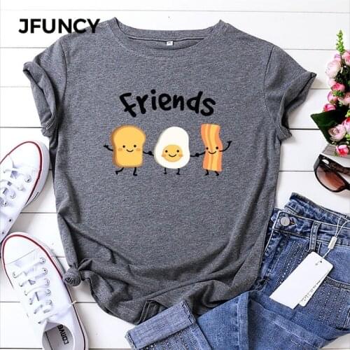 JFUNCY 2020 New Cotton Women T Shirt Summer Short Sleeve T-shirt Best Friends Cartoon Printed Female Tee Plus Size Woman Tops