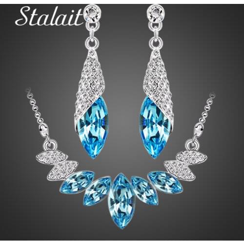 Wedding Bridal Crystal Silver Color Water Drop Pendant Necklace Earrings Jewelry Sets for Women Party Christmas Gift