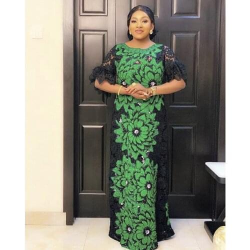 Tilapia Fashion Brand African Ankara Solid Lace Patchwork Maxi Long Dress Sexy Beading Loose Summer Vestidos for Lady