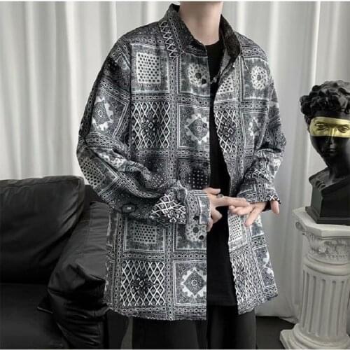 High Street Retro Cashew Flower Shirt Mens Autumn Youth Trend Dark Mens Hong Kong Style Loose Casual Man Shirt Streetwear