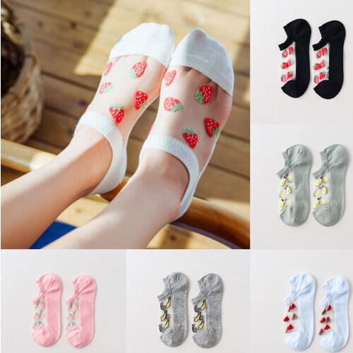 Women Transparent Mesh Socks Summer Watermelon Strawberry Fruit No Show Socks Non-slip Cotton Thin Female Invisible Boat Sock
