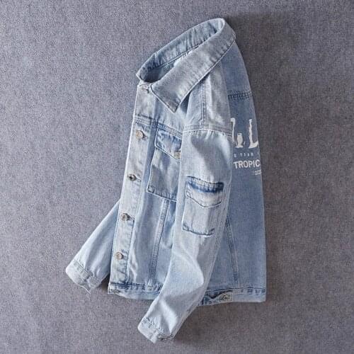 New Spring Mens Denim Jacket Wash Distressed Light Blue Multiple Pocket Cargo Jackets Slim Printed Long Sleeve Jean Outerwear