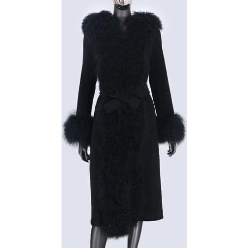 2021New X-long Cashmere Wool Blends Mongolia Sheep Real Fur coat Autumn Winter Belt Jacket Women Collar Hooded Casual Overcoat