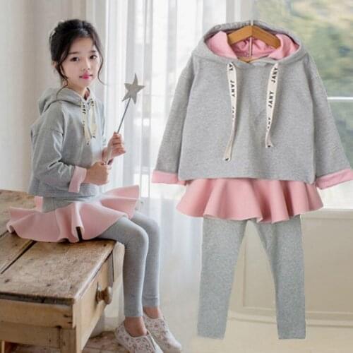 2019 New Spring Collection Active Patchwork False Two Pieces Girl Hooded Clothing Set 3117