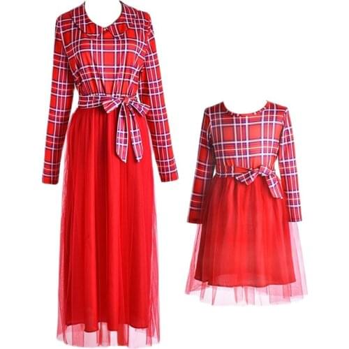 Mother Daughter Outfits Dress Autumn Plaid Pattern+Tulle Dress Kids Fashion Clothes Princess Party Dress Family Matching Clothes