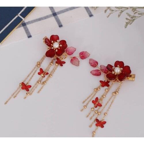 1pair Exquisite Pearl Crystal Red Flower Hairclip Retro Chinese Dress Headwear Long Butterfly Tassel Chain Hair Pins Bride Tiara