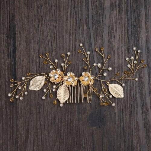 Bridal jewelry imitation gold flower hair comb wedding dress accessories headdress bridal headdress Hair Accessories