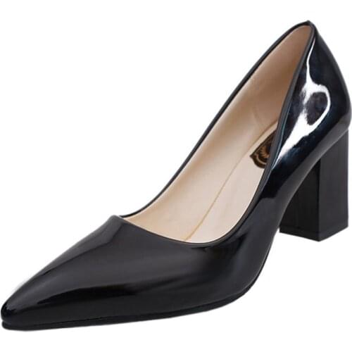 Fashion Women Pointed Toe Chunky High Heels Sexy Patent Leather Shoes Women Pumps Lazy Shoe Pink Black Red Silver Wedding Heels
