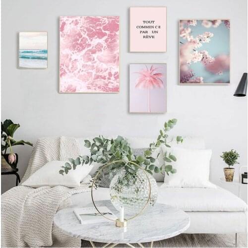 Cherry Blossom Flower Picture Scandinavian Poster Nordic Landscape Pink Ocean Print Wall Art Canvas Painting Living Room Decor
