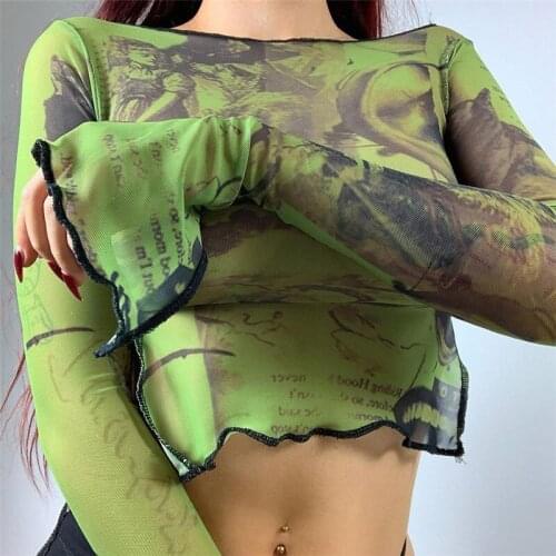 Y2K Vintage Graphic Print Green Mesh Sheer T-shirt Long Flare Sleeve Slim Fit Crop Top Sexy See Trough Tees Women Clothes