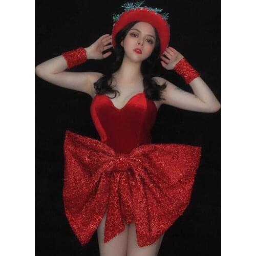 Christmas Day Red Big Bow Bodysuit Pole Dance Wear Female Dj Singer Costumes Festival Outfit Stage Performance Clothing DT2151
