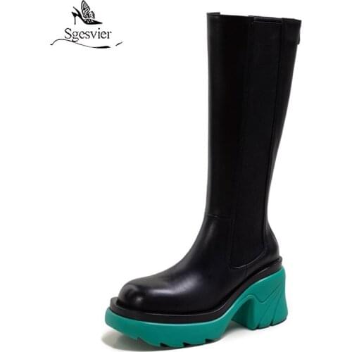 Sgesvier Plus Size 34-42 Brand Women Boots Square High Heels Platform Knee High Boots Women Zip Fashion Chelsea Boots Lady Shoes