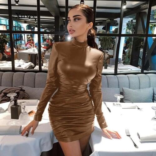2021 Spring, Autumn and Winter Womens Sexy Pu Leather Skirt Womens High Neck Black Brown Tight Dress Robe Women