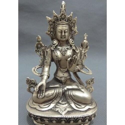 21cm/14 cm Tibet Silver Buddhist Joss Protect Set Lotus 7 Eyes White Tara Buddha Statue 2 Colour choice
