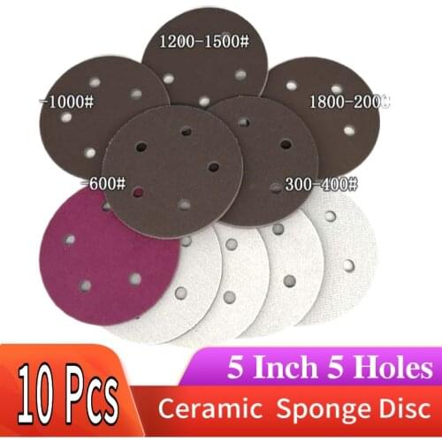 5Pcs Ceramic Sand Sponge Red Sandpaper Sanding Disc Hook and Loop 5 Inch 125mm 5 Holes 300-2000 Grit for Polishing & Grinding