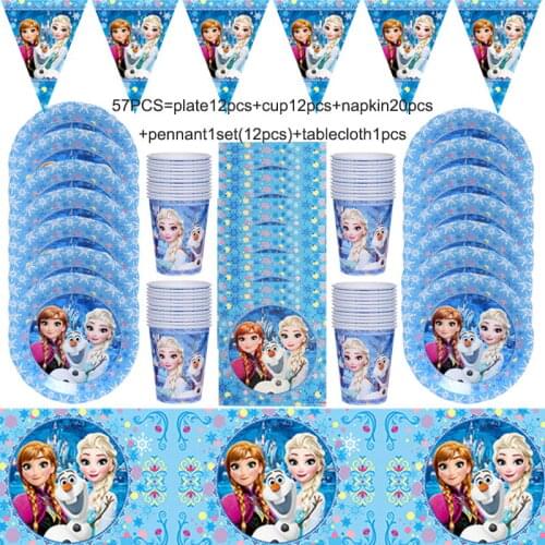 57pcs Disney Frozen Elsa Anna Birthday Party Supply Sets Disposable Tableware Paper Cup Plate Tablecloth Baby Shower Decoration