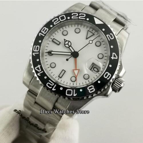 New Sterile 40mm Luminous Mens GMT Watches White Dial Black Ceramic bezel Automatic Date Sapphire Glass Male Wristwatch