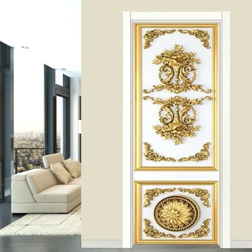 Door Sticker 3D Stereo Golden Carved Photo Wallpaper Living Room Bedroom Door Poster PVC Self-Adhesive Waterproof Wall Stickers
