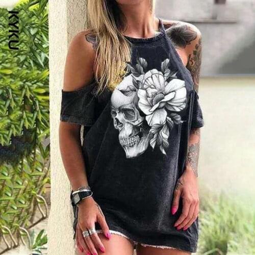 T-Shirt Women Strapless Slash Neck Casual Loose Black Tops Tshirt Women T Shirt Skeleton Hand Skull Print T-Shirt Streetwear