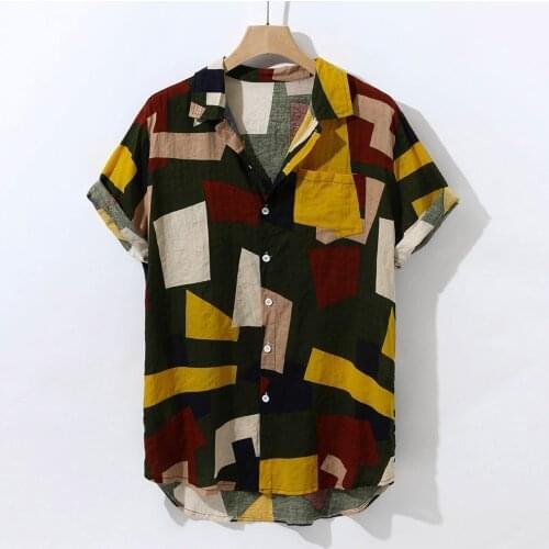 Geometric Print Mens Hawaiian Shirt Turn Down Collar Summer Tops Short Sleeve Loose Shirts For Men 2021 Camisas Para Hombre