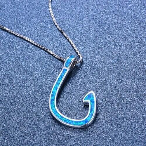 Geometric Long Hook Necklace Boho Female Blue Opal Stone Pendant Necklace Vintage Silver Color Wedding Necklaces For Women Party