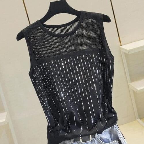 Hot Rhinestone Vest Womens Summer Tank Tops Women Clothing Korean Style Sleeveless Hollow All-match Knitwear Top 2021 X162